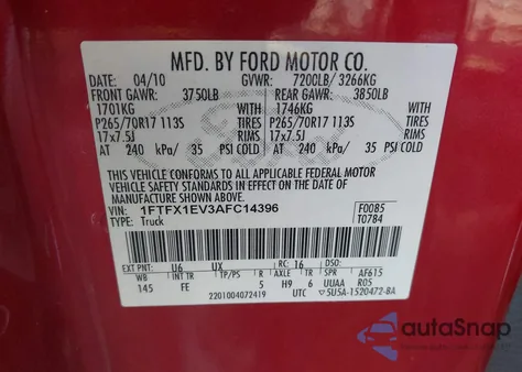 2010 Ford F-150 Fx4/Lariat/Xl/Xlt z USA, uszkodzony, nr VIN 1FTFX1EV3AFC14396